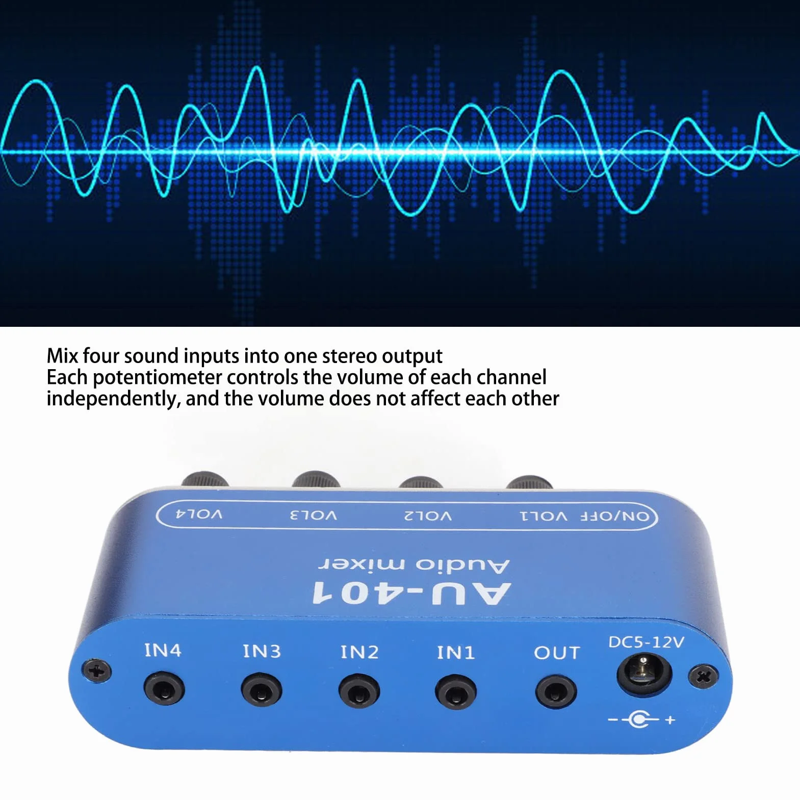 Bewinner Audio Mixer, Stereo Line Kopfhörer Mixer 4 Kanal, DC 5V Bis 12V Stereo Mixer 4 in 1 Ausgang für PC Laptop Kopfhörer, 3,5 Mm Sound Selector Verstärker mit Bass,