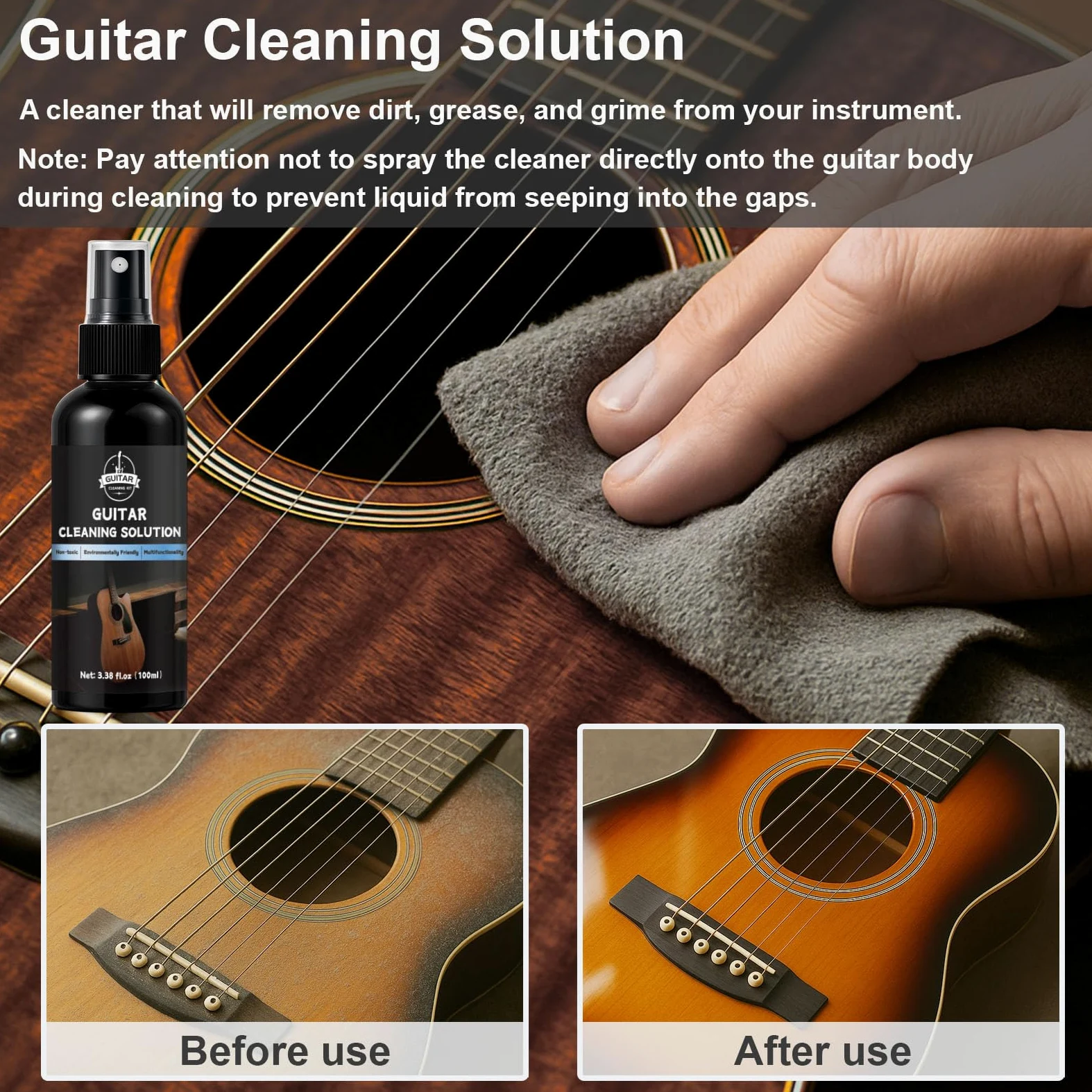 9-teiliges Gitarren-Reinigungsset, Gitarren-Wartungsset enthält Bundpolitur, Reinigungslösung, Griffbrett-Zitronenöl, Saitenreinigung und Politur, Saitenreiniger, Saitenkurbel, 2 Gitarrentuch