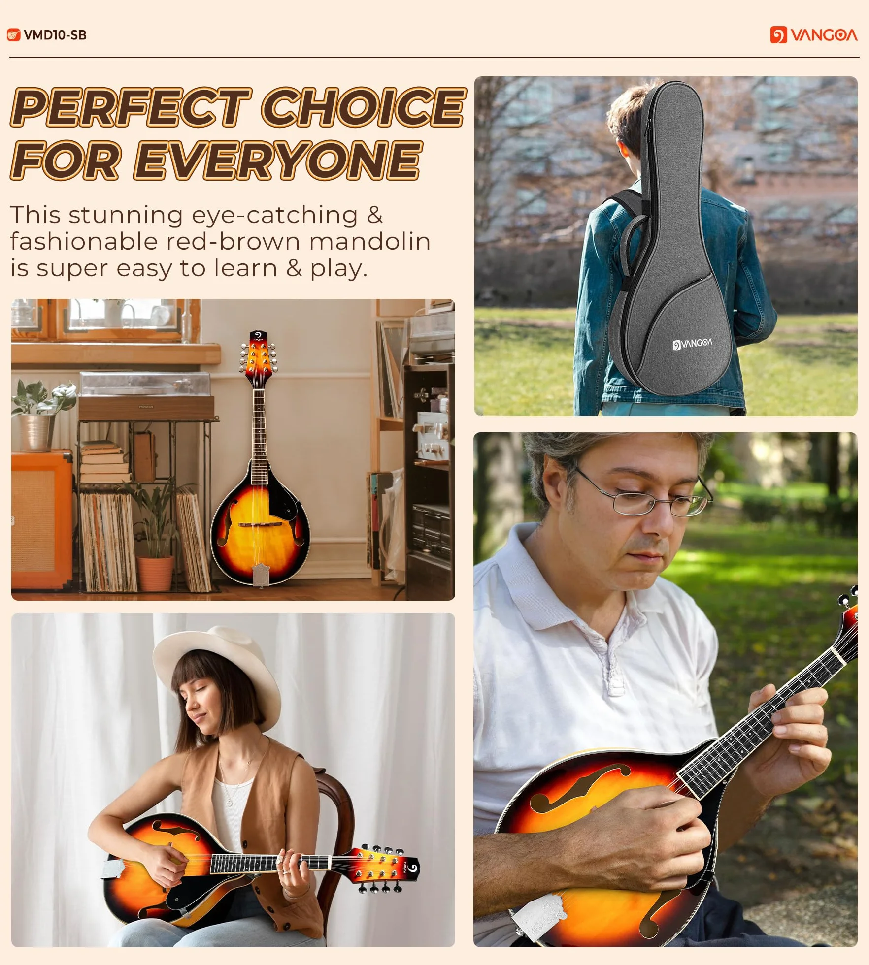 Vangoa Akustische Mandolinen Instrument 8 Saiten A-Stil Sunburst Mandoline Set für Anfänger Erwachsene Studenten Kinder mit Gigbag, Stimmgerät, Saiten, Plektren