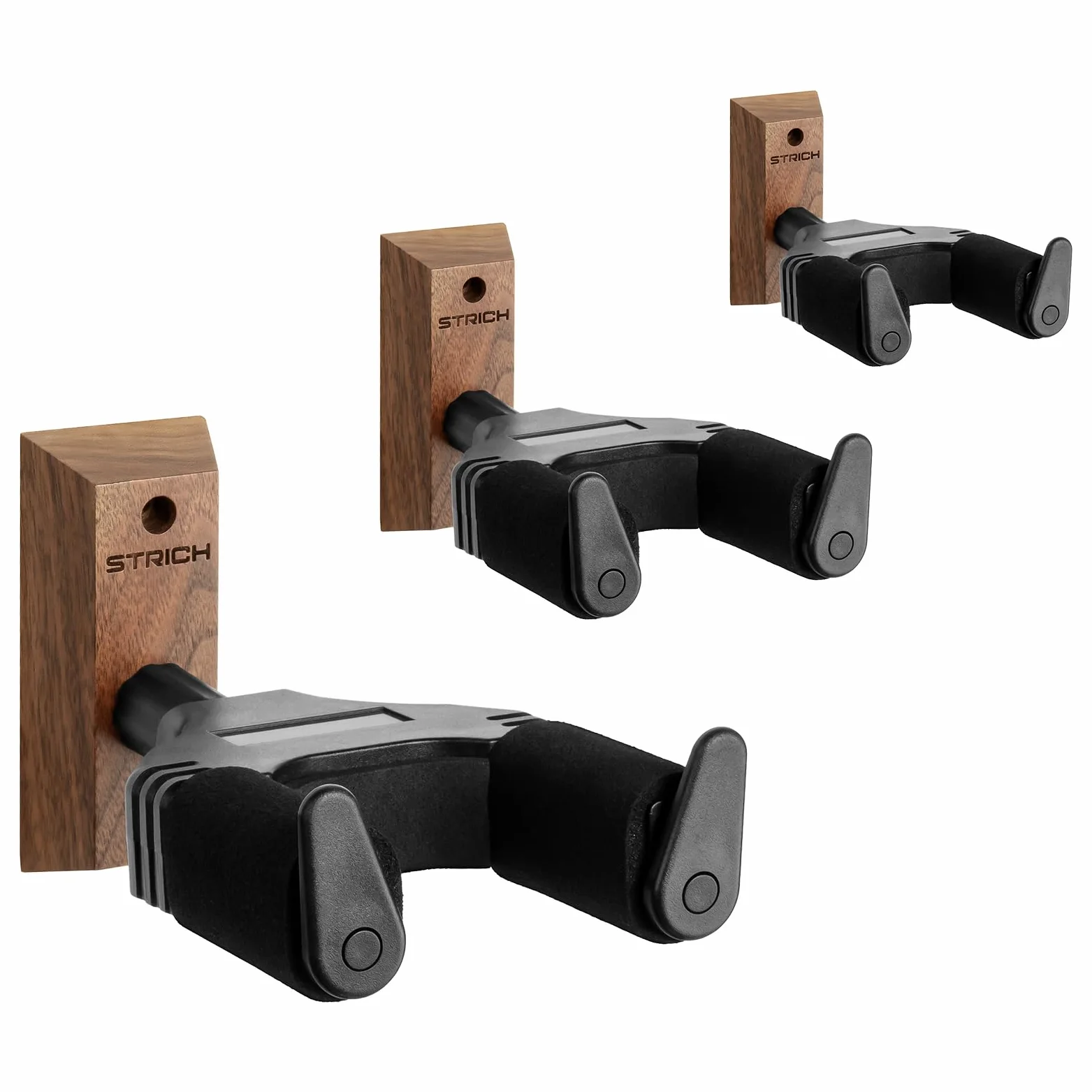 STRICH Gitarrenwandhalterung, Walnussholz, U-förmig mit Schrauben, automatisch verriegelnder Gitarrenhalter für Akustikgitarren, E-Gitarren, Banjos, Bass (3er-Pack)