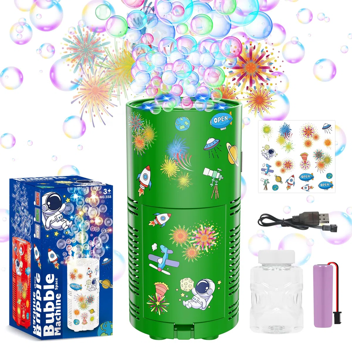 PANACARE Automatische Seifenblasenmaschine Feuerwerk Blasen Spielzeug 13 Löcher/Lichter/Weihnachtsmusik/80 ml Lösung Christmas Bubble Maker Für Kinder Zum Geburtstag Neujahr (Grün)