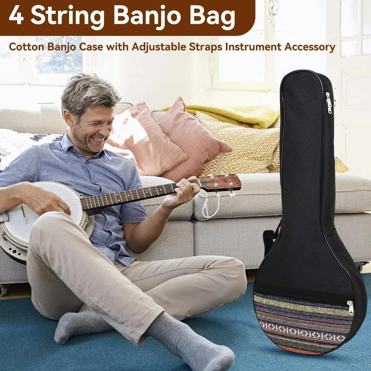 4 String Banjo Tasche, 63,5x26,5x7,5cm/25x10,4x3 Zoll Banjo Organizer Banjo Tasche 4-Saiten-Banjo-Tasche Gig Ethnischer Stil Banjotasche Baumwolle mit verstellbaren Riemen Instrumentenzubehör