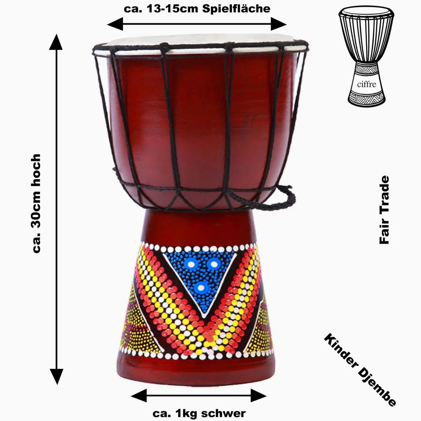 30cm Hohe Kinder Djembe bunt bemalt Trommel Drum Handarbeit
