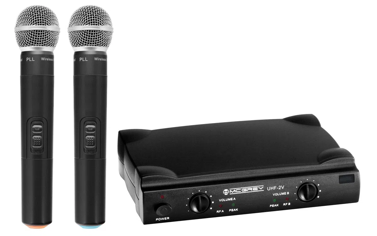 McGrey UHF-2V Dual Funk Mikrofon Set mit 50m Reichweite (Wireless Komplettset mit 2 x Handmikrofon, Betriebsdauer ca. 8 Stunden, 6,3mm Klinke Ausgang) schwarz