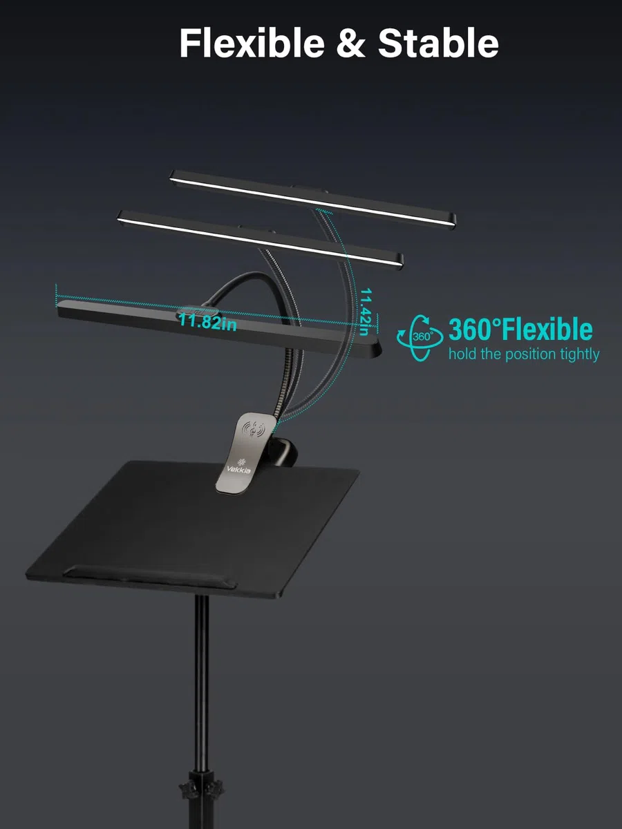 Vekkia Professional 88 LED wiederaufladbare Notenpultleuchte - faltbare Clip-on Lampe, augenschonend, 5 Helligkeits- und 3 Farbeinstellungen, für Klavier, Lesen