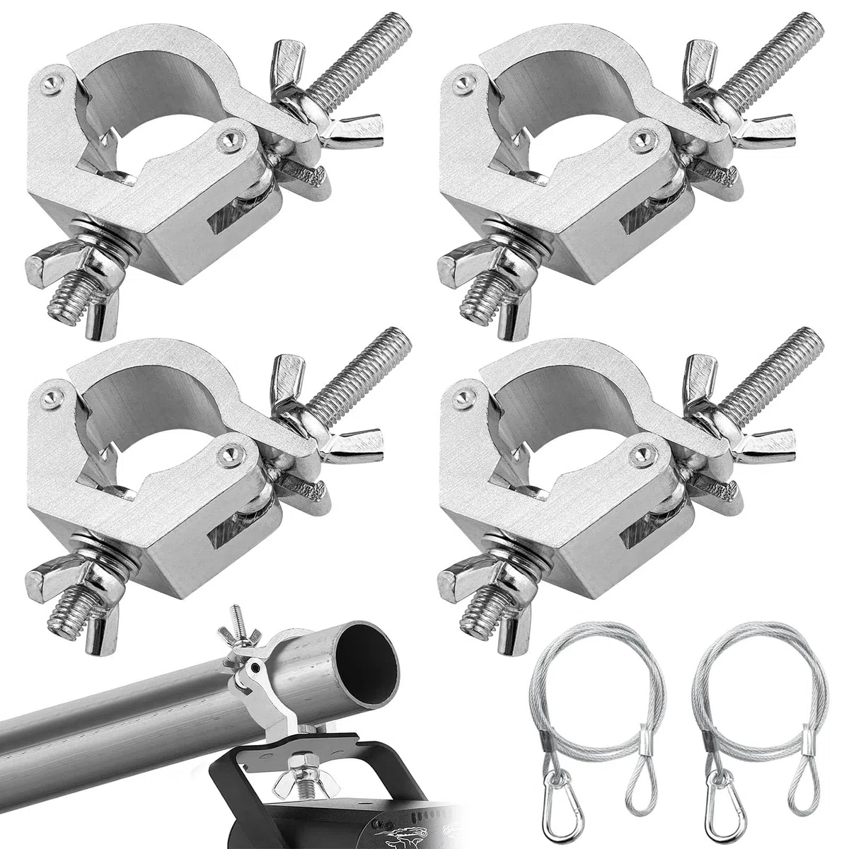Traversen Klemme 30-35mm O Clamp mit 2 Edelstahl Fangseil 6PCS | Bühnenlichthaken, Beweglicher Kopf, für Leuchten, Bühnenbeleuchtungsausrüstung und Zubehör, 80KG Ladekapazität Truss O Clamp