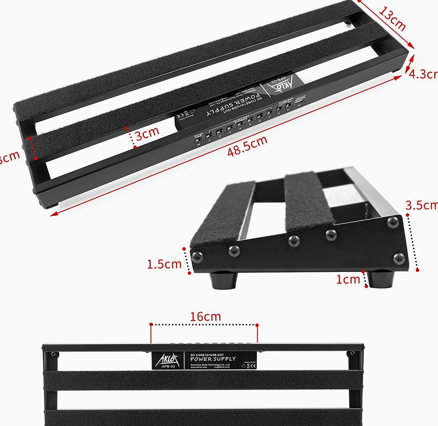 Pedalboard,AKLOT Gitarre Pedal Board mit eingebautem Netzteil Gitarren-Effektpedal Aluminiumlegierung Netzteil 48,5 x 13x 4,3cm mit Tasche Pedalkabel Klettverschluss