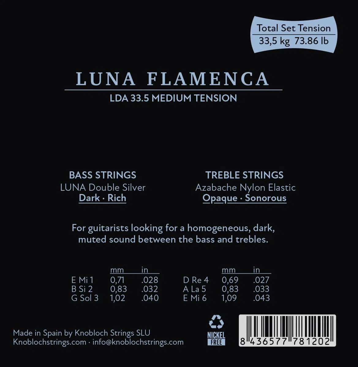 KNOBLOCH Strings - spanische Gitarrensaiten | LUNA FLAMENCA Double Silver AZ | Mittlere Spannung 33,5 | Dunkle Bässe | matte Höhen | Voller und tiefer Klang | Flamenco- und Klassik-Saitensatz