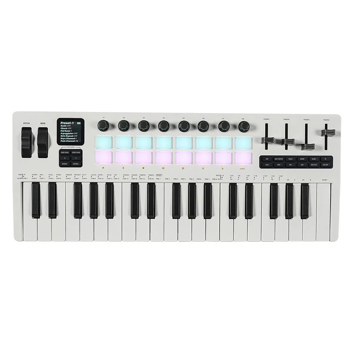 Btuty MIDI Controller 37 Tasten, MIDI Keyboard mit 16 RGB Drum Pads, 8 Reglern & 4 Fadern, BT MIDI, USB Musikproduktionscontroller für DAW, Windows, Mac, iOS & Android
