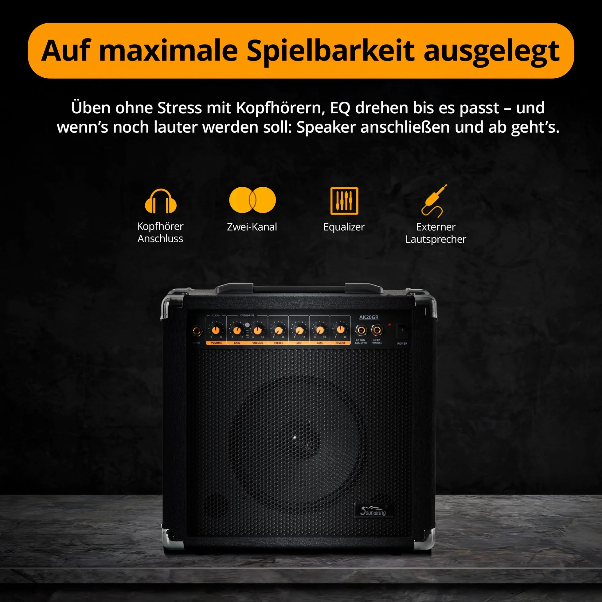 Soundking AK20-GR Gitarrenverstärker 60 Watt - 3-Band Equalizer - 8" Speaker mit 2 Kanälen, clean & Overdrive - Kopfhörerausgang & Lautsprecheranschluss - Idealer Amp mit Extra robusten Schutzecken