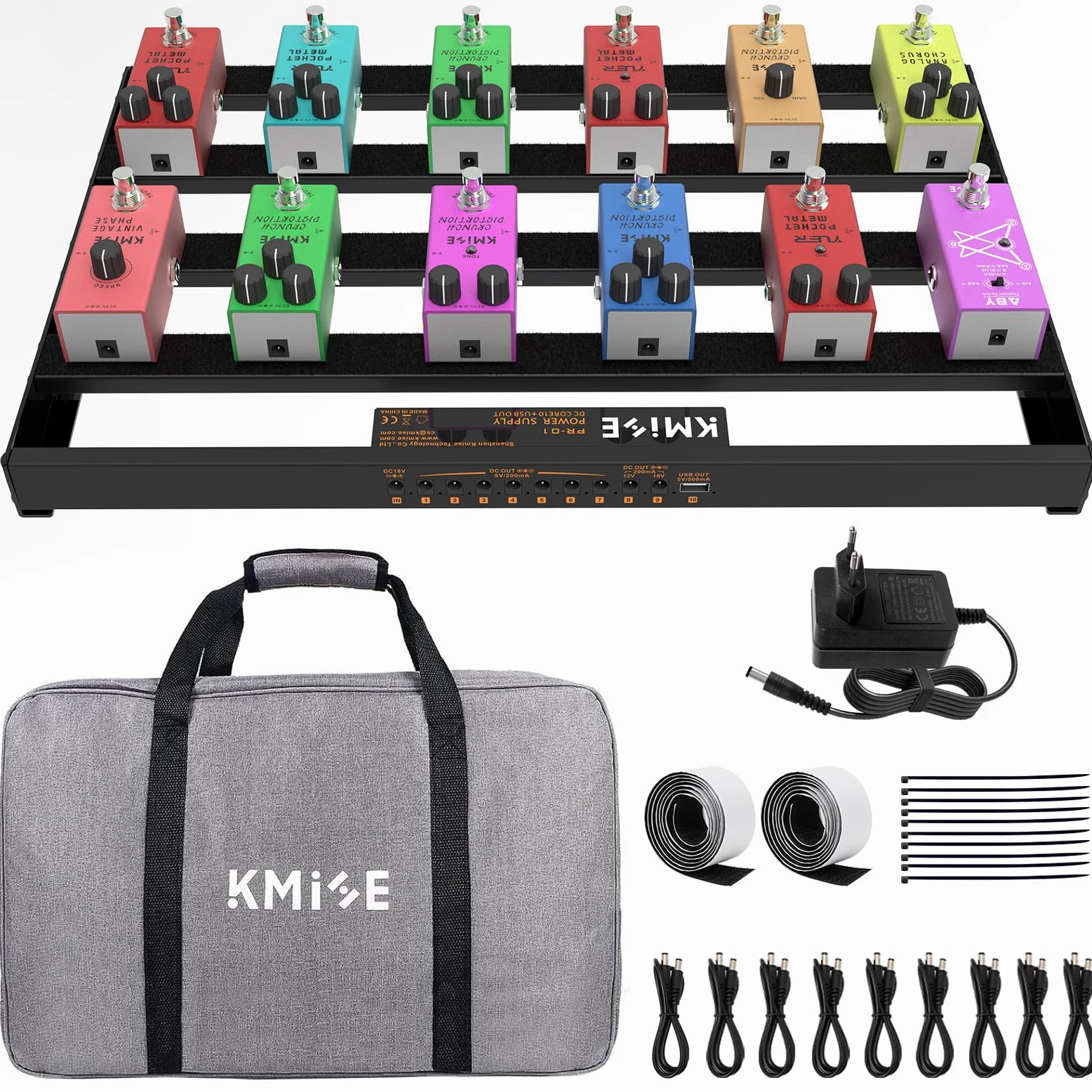 Kmise 49 x 31,5x 3,5cm Guitar Pedal Board Mittlere Größe, mit eingebautem Netzteil Gitarren-Effektpedal Aluminiumlegierung Netzteil mit Tasche, Pedalkabel,Ladegerät, Klettverschluss,Kabelbinder