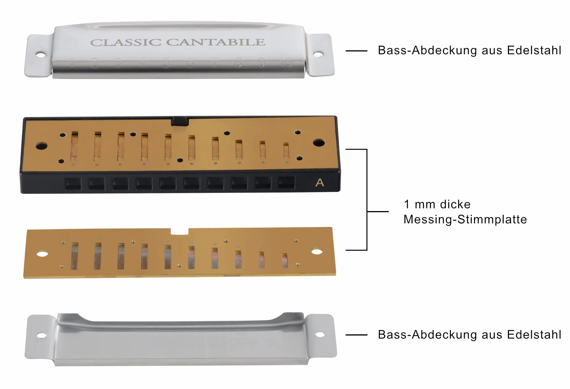 Classic Cantabile AHBS-12 Alabama Blues Harmonica 12er Mundharmonika Set - Diatonische Mundharmonikas in verschiedenen Stimmungen - 10 Messing Stimmzungen - Edelstahl-Gehäuse - Inkl. Etui & Tuch