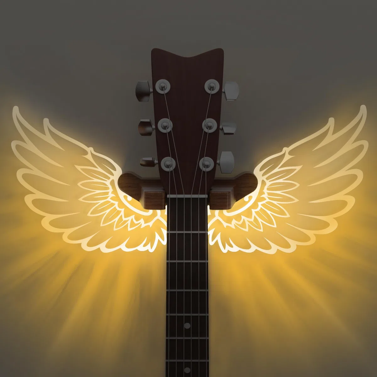 CoolGift Mart Gitarrenständer Wandhalterung mit leuchtenden Engelsflügeln, Acryl hölzerne Gitarre Aufhänger Regal mit USB betrieben, für akustische elektrische Bass Ukulele