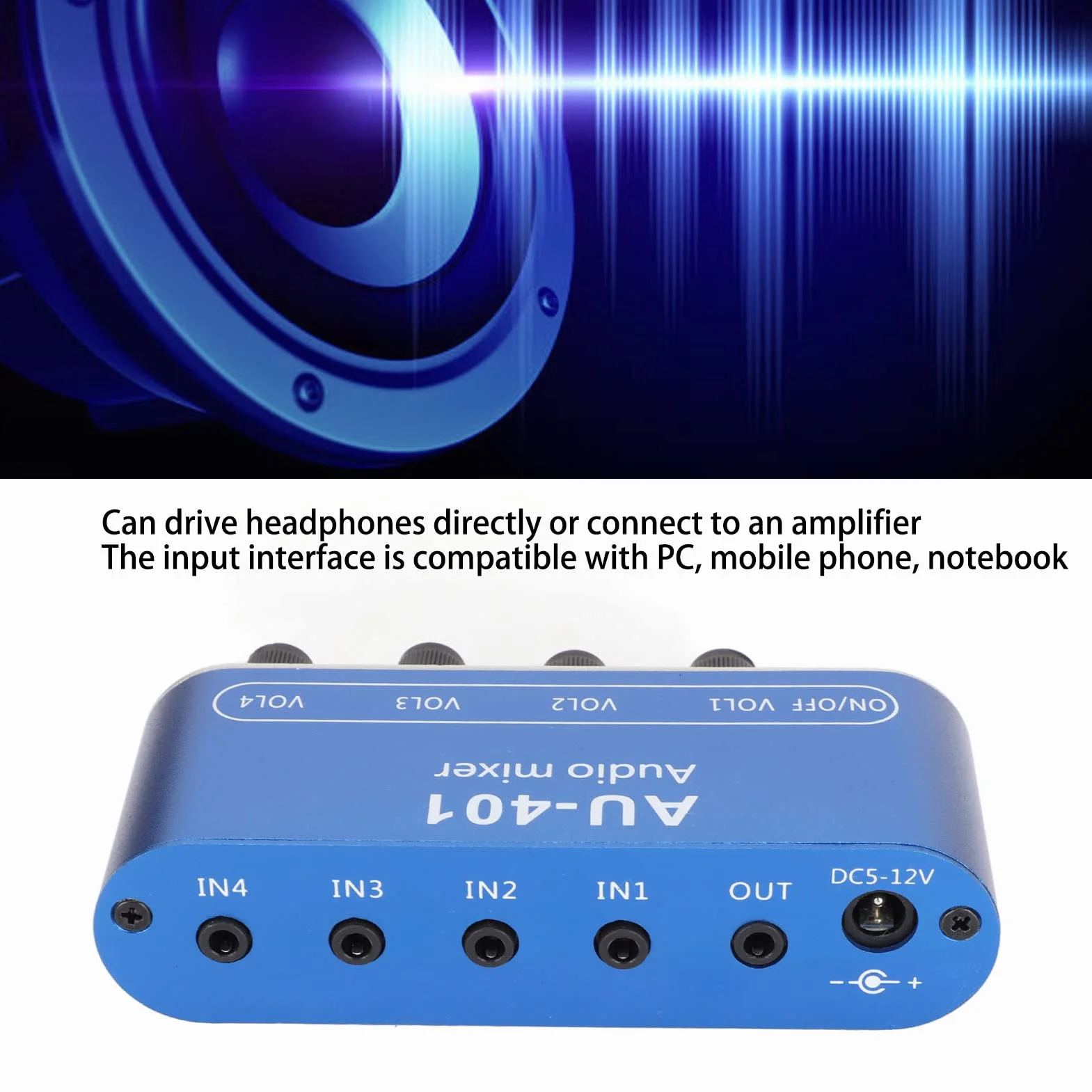 Bewinner Audio Mixer, Stereo Line Kopfhörer Mixer 4 Kanal, DC 5V Bis 12V Stereo Mixer 4 in 1 Ausgang für PC Laptop Kopfhörer, 3,5 Mm Sound Selector Verstärker mit Bass,