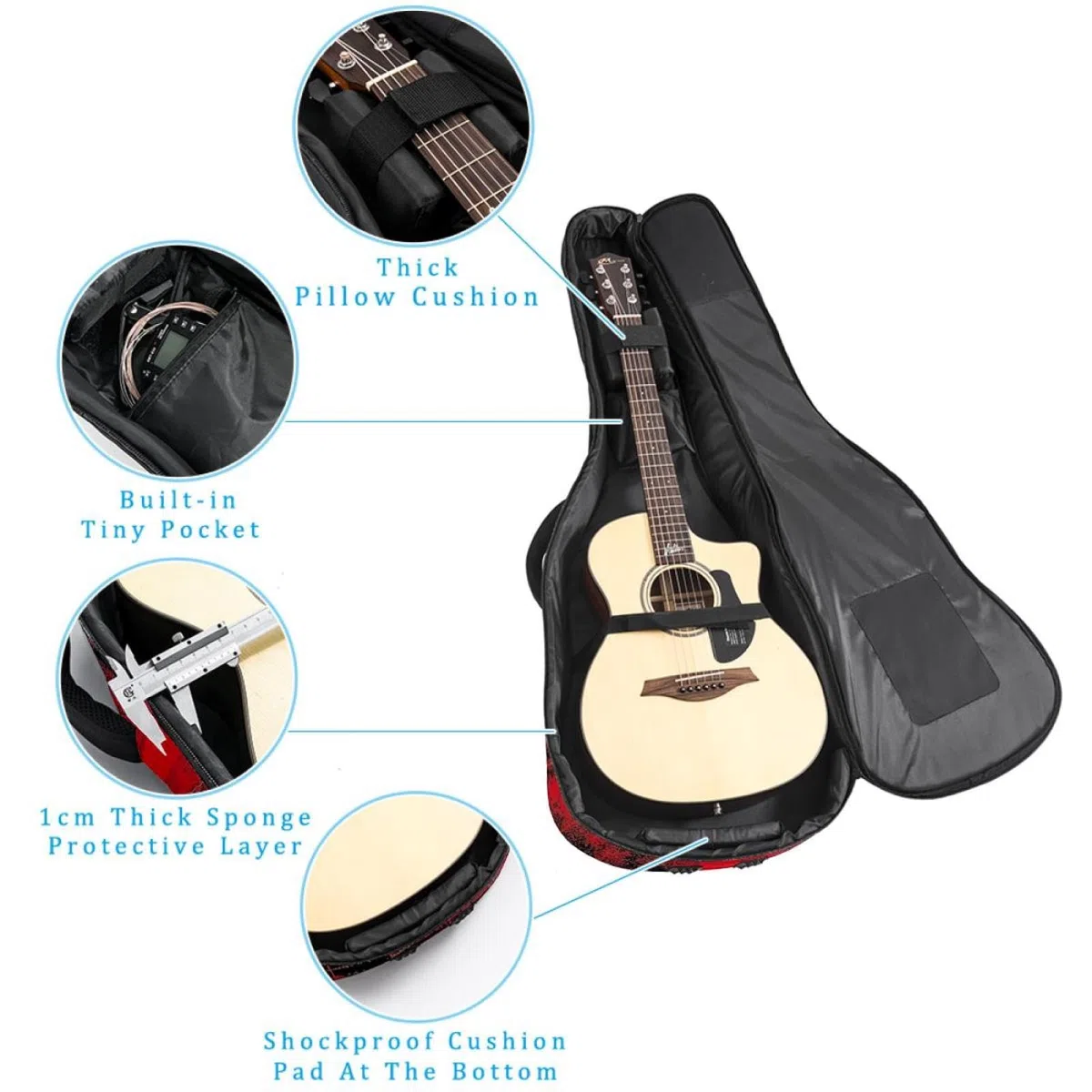 Tasche für Akustikgitarre, Retro-Stil, mit 2 Taschen, verstellbarem Schultergurt und Rückenaufhänger, geeignet für E-Gitarren, Bassgitarren und klassische Gitarren, Schwarz / Rot, Retro Schwarz Rot