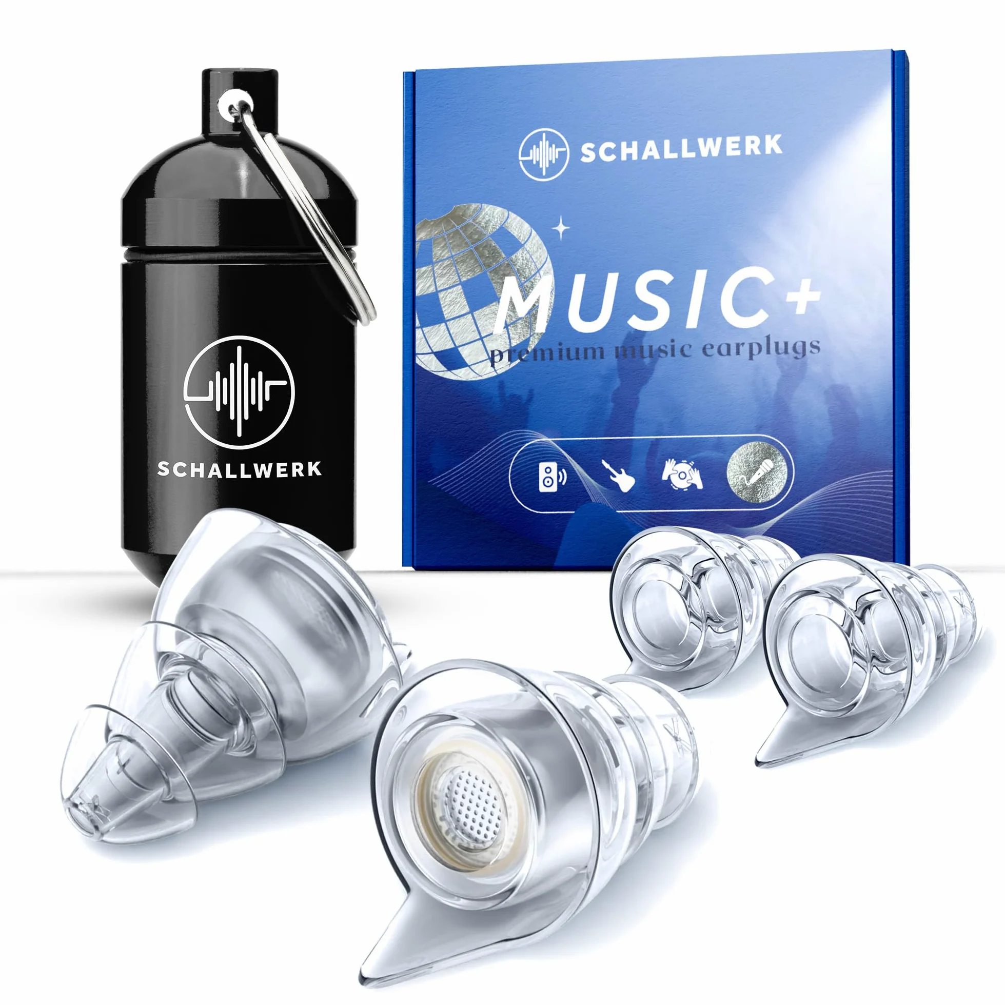 SCHALLWERK ® Music+ | Unauffällige Gehörschutz Ohrstöpsel – dämpfen Lärm & erhalten Tonqualität – Ohrenstöpsel transparent - Earplugs geeignet für Musik, Festival, Arbeit & Lernen