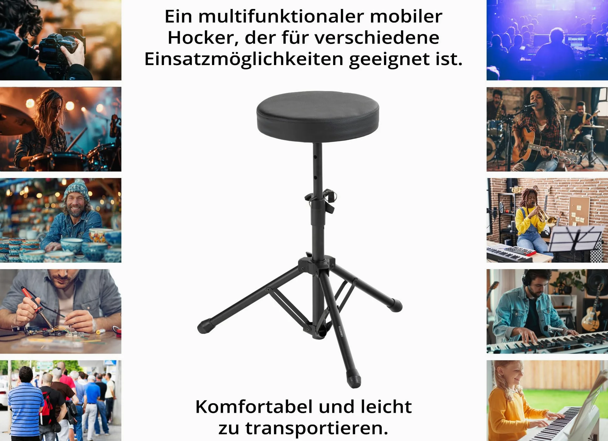 McGrey KD-10 Hocker - Klappbarer Leichter Schlagzeughocker - Höhenverstellbarer Drumhocker mit kompakten Transportmaß - Runde, gepolsterte Sitzfläche - Stabile Stahlrohr-Konstruktion - Schwarz