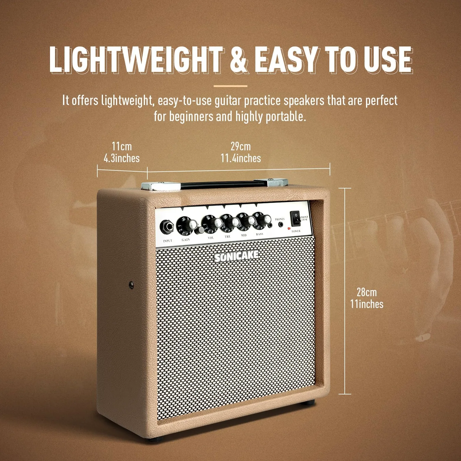 SONICAKE 15W Elektrischer Gitarrenverstärker Dual-Kanal mit Kopfhörerausgang 3-Band EQ AUX-Eingang Kompaktes Tragbares Design für Übung Sprint