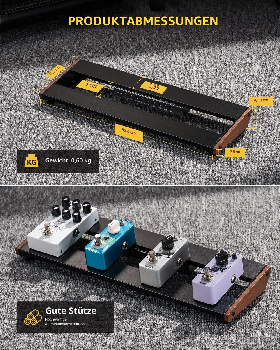 LEKATO Gitarren-Pedalboard mit integriertem Netzteil, 39,4 x 13 x 4 cm Kompaktes Effektpedalboard, Leichter Aluminiumrahmen, für Gitarristen und Bassisten (PB-01S)