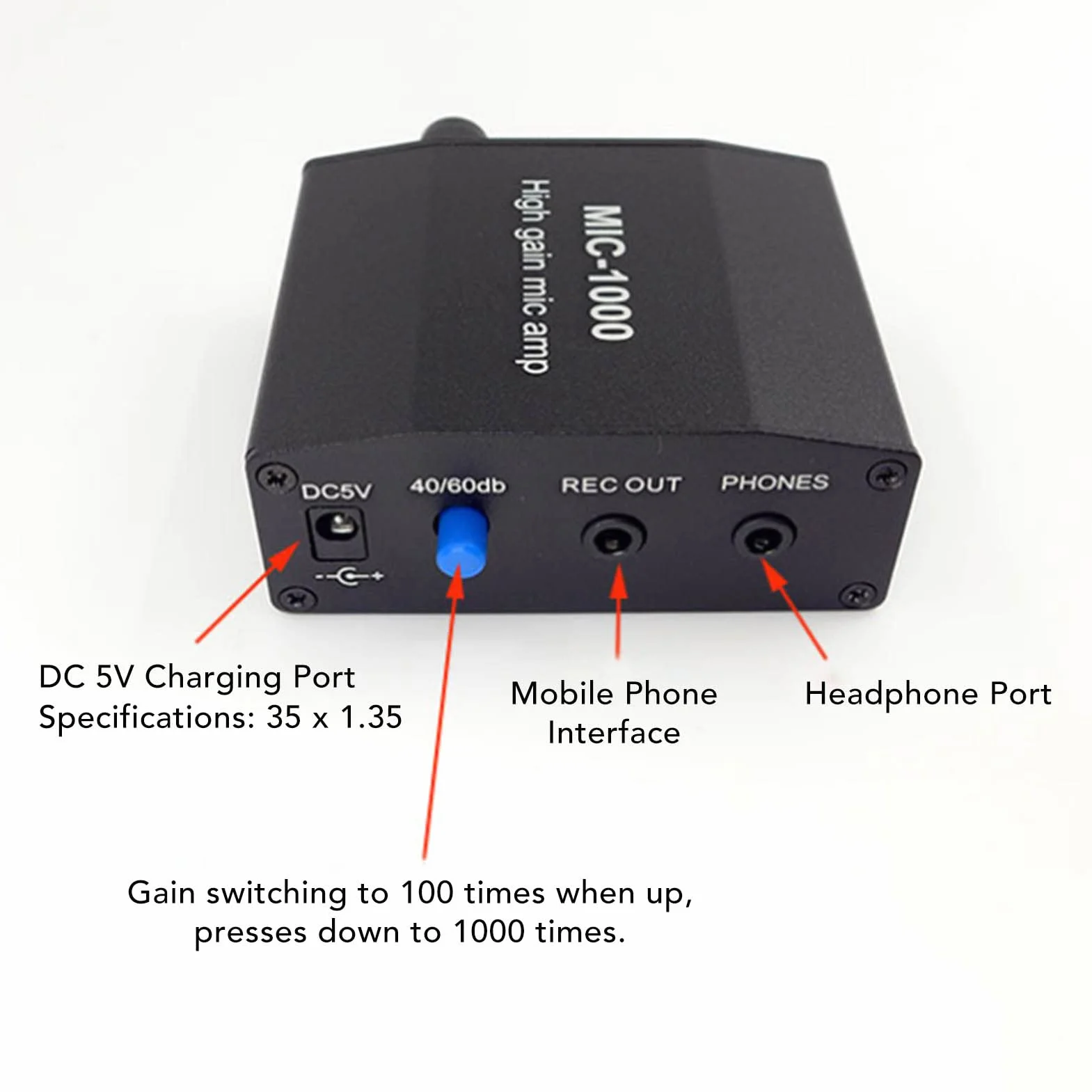 Mikrofonverstärker, Mikrofonvorverstärker, Hohe Verstärkung, 1000-facher Mikrofonverstärker, Vielseitige 3,5-mm-Schnittstelle Für Musiker, Podcaster, Vlogger, Lehrer, Reiseleiter