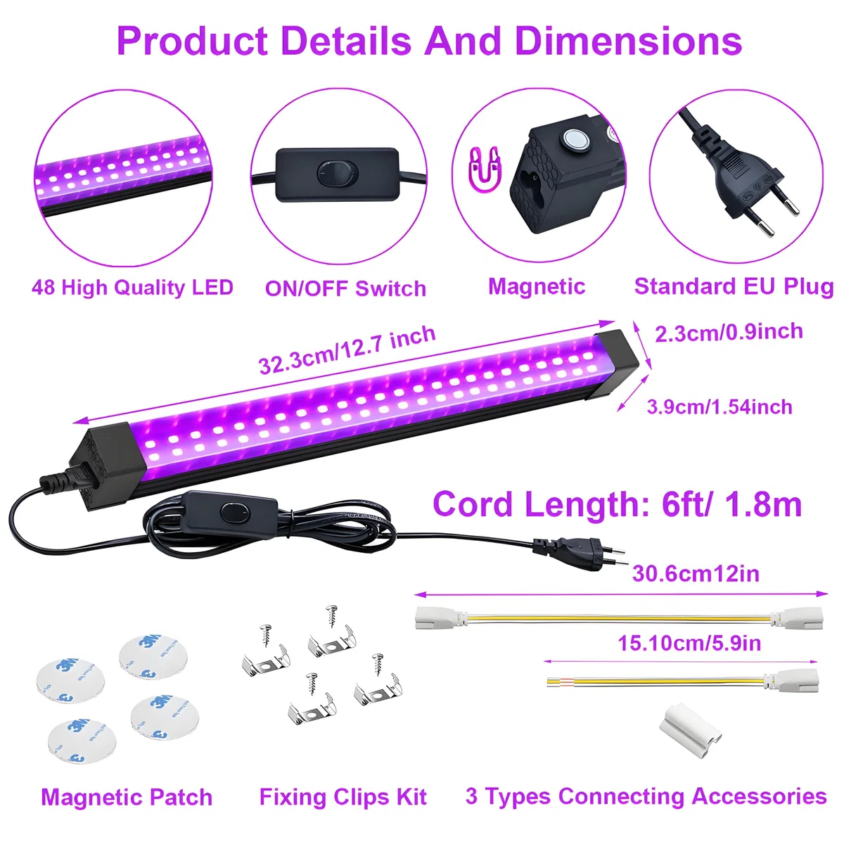 2 Stücke 15W Schwarzlichtlampe, UV Schwarzlicht Röhre, LED Schwarzlicht Lamp, 395-405 NM schwarzlicht LED UV Bar für Disco, Club, Glow Party, Party Zubehör, Halloween Deko