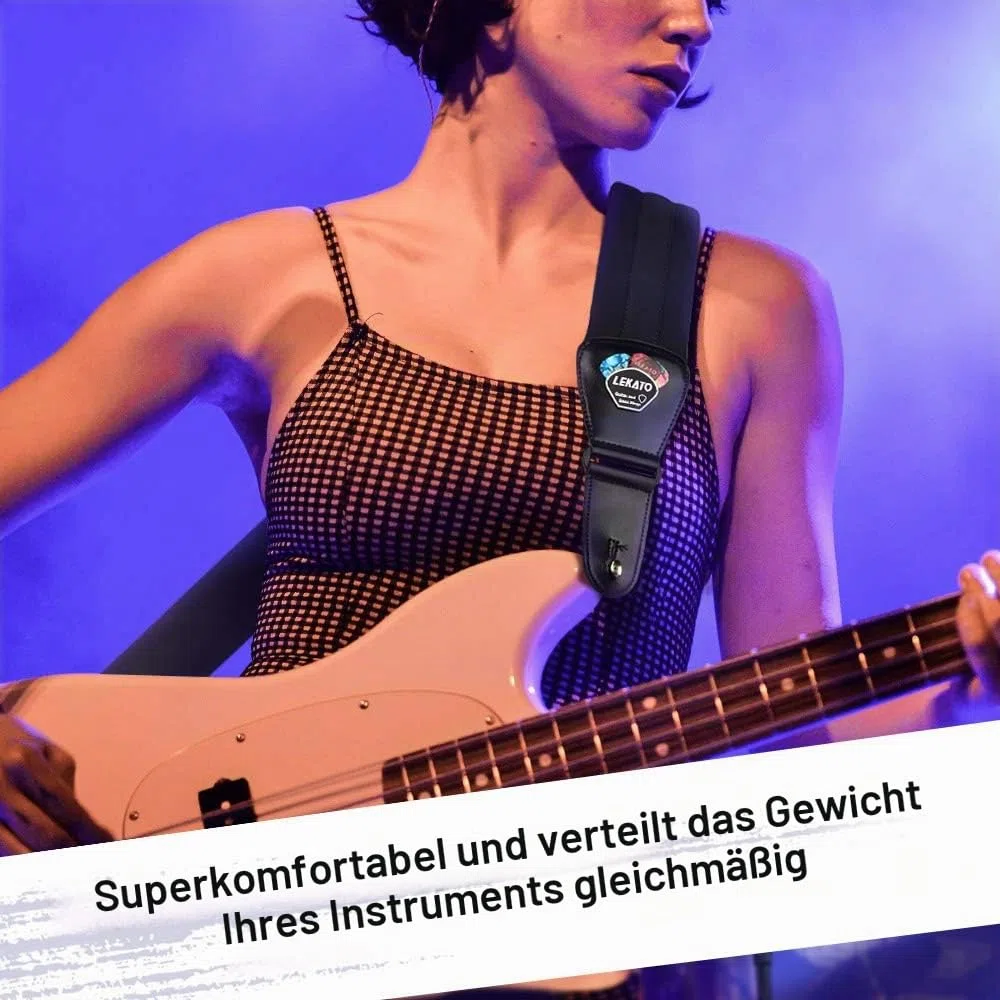 LEKATO Gitarrengurt mit Memory Foam, gepolsterter Gitarrengurt verstellbarer Gitarrengurt für akustische und elektrische Bassgitarren, 6 Gitarrenpicks, 2 Gurtschlösser inklusive