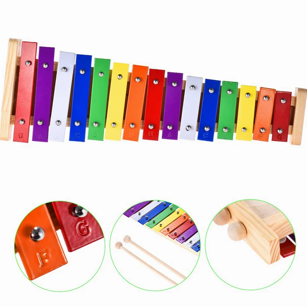 Buntes Xylophon 15 Töne Regenbogentaste Xylophon mit 2 Schlägeln Windspiel Holz und Aluminium Percussion Instrument Ideal als Geschenk für pädagogische Instrumente