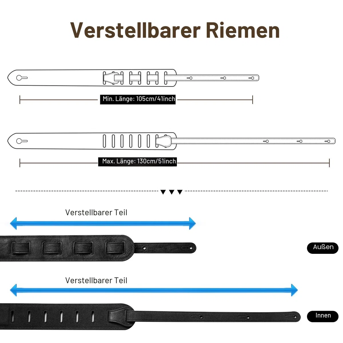 LEKATO Gitarrengurt aus Leder mit dicker Schaumstoffpolsterung, breiter Bassgitarrengurt für Bass, E-Gitarre, Akustikgitarre, klassische Gitarre, verstellbarer Ledergurt, Länge von 41" bis 51"