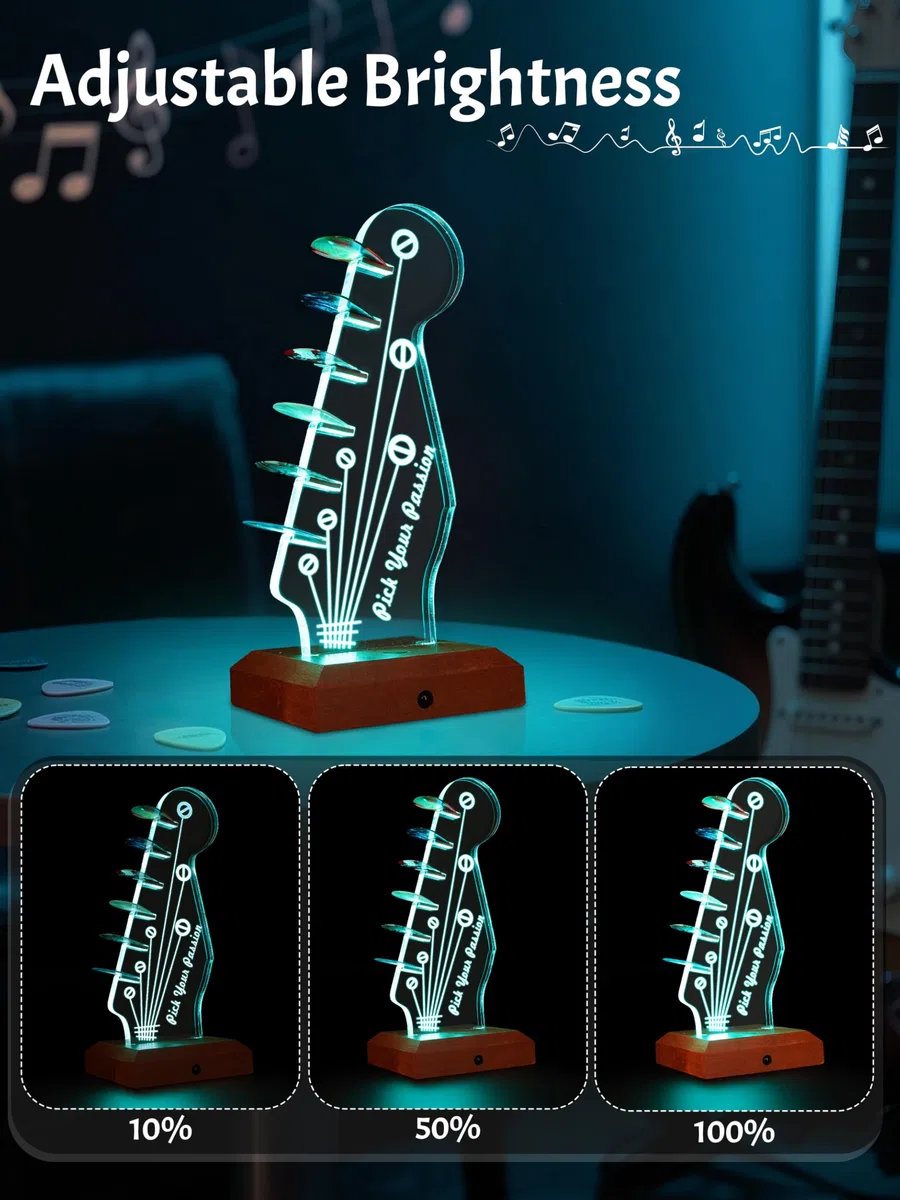 CoolGift Mart Leuchtender Gitarren-Pick-Halter,Acryl hölzerne E-Gitarre Headstock Shaped Pick Holder mit 16 Farbe Lichter für Picks Lagerung und Anzeige, Geschenk für Gitarristen
