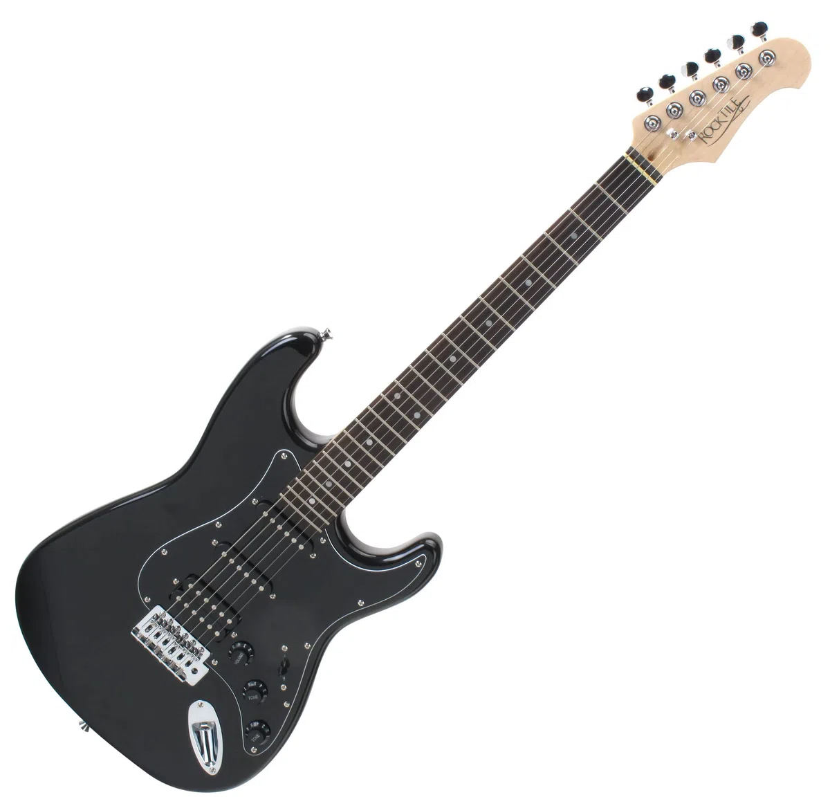 Rocktile Super Kit Komplettset E-Gitarre (Verstärker, Stimmgerät, Kapodaster, Gurt, Plektren, Tasche, Gitarrenständer und Schule inkl. CD/DVD) schwarz
