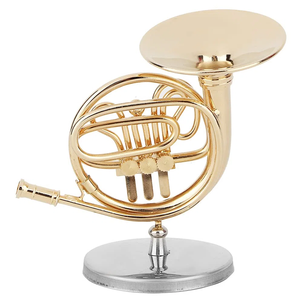 Haofy Verwandte Goldene Mini French Horn Replica Dekorationen mit Grundlegender Unterstützung für Einen Schreibtisch aus Glänzenden und Glänzenden Regalen für Musiker und