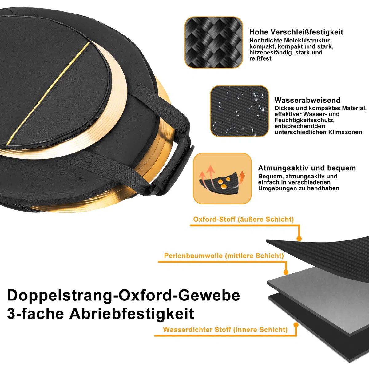 OUUTMEE 22" Beckentasche 600D Wasserdichtes Oxford-Gewebe Cymbalbag mit Gepolsterter Trennwand Platz für 5 Raobao,15" Außentasche, mit Komfortabler Tragegriff,Schwarz