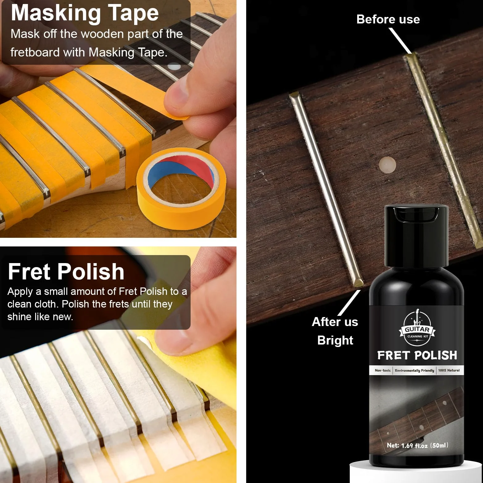 Gitarrenreinigungsset – 8-teiliges professionelles Pflegeset mit Gitarrenreiniger, Griffbrettöl, Polierwachs, Saitenreiniger, 3-in-1-Schneider & Mikrofasertuch