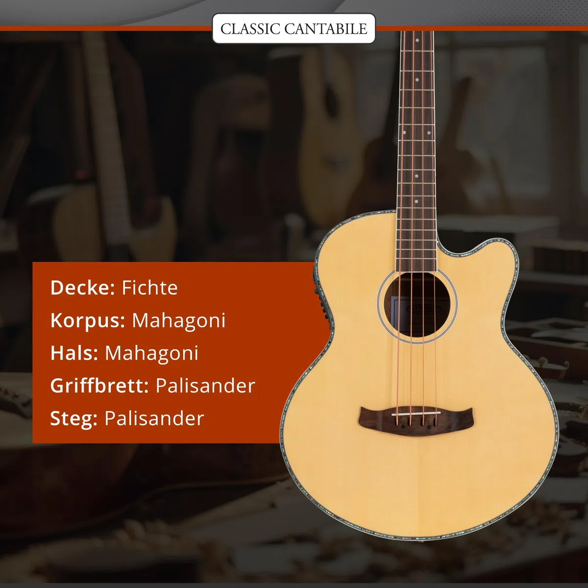Classic Cantabile Jumbo Akustik Bass mit Tonabnehmer - 4 Saitige Bassgitarre - Jumbo mit Cutaway - Fichtendecke, Mahagoni-Korpus, Mahagoni-Hals, Palisander-Griffbrett - Farbe & Finish in Natur Matt