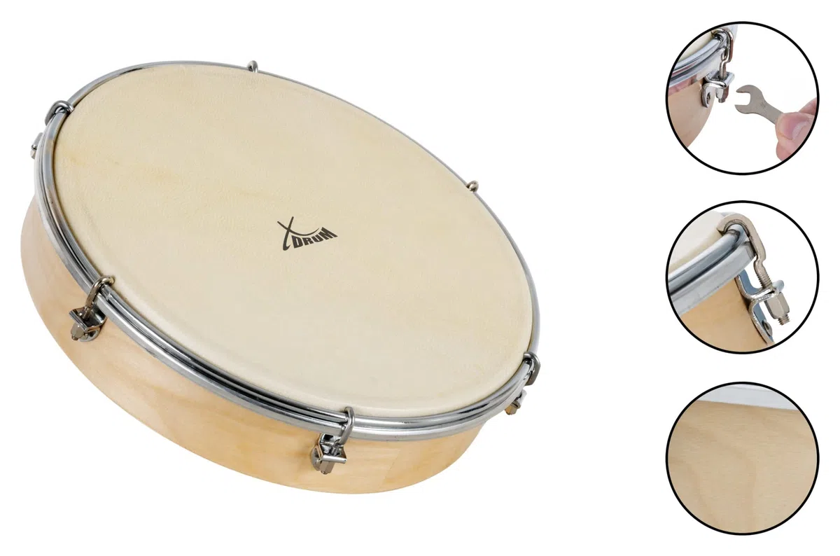 XDrum HTM-12S 12" Handtrommel mit Natur-Fell 3x Set - Rahmentrommel mit Naturfell - Stimmbar mit 6 Spannhaken - Holzrahmen aus Ahorn - Ergonomischer Griff - Natur