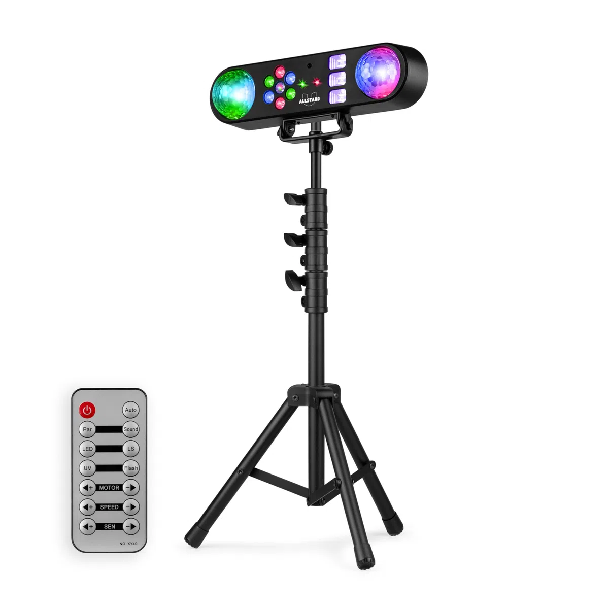 Fuzzix AllStar3 LED Disco Licht, Discolicht mit 2x Disko Kugel, UV Stroboskop, Washer, rot/grünes Patern, musikgesteuerte Partybeleuchtung für DJs mit Stativ & Fernbedienung