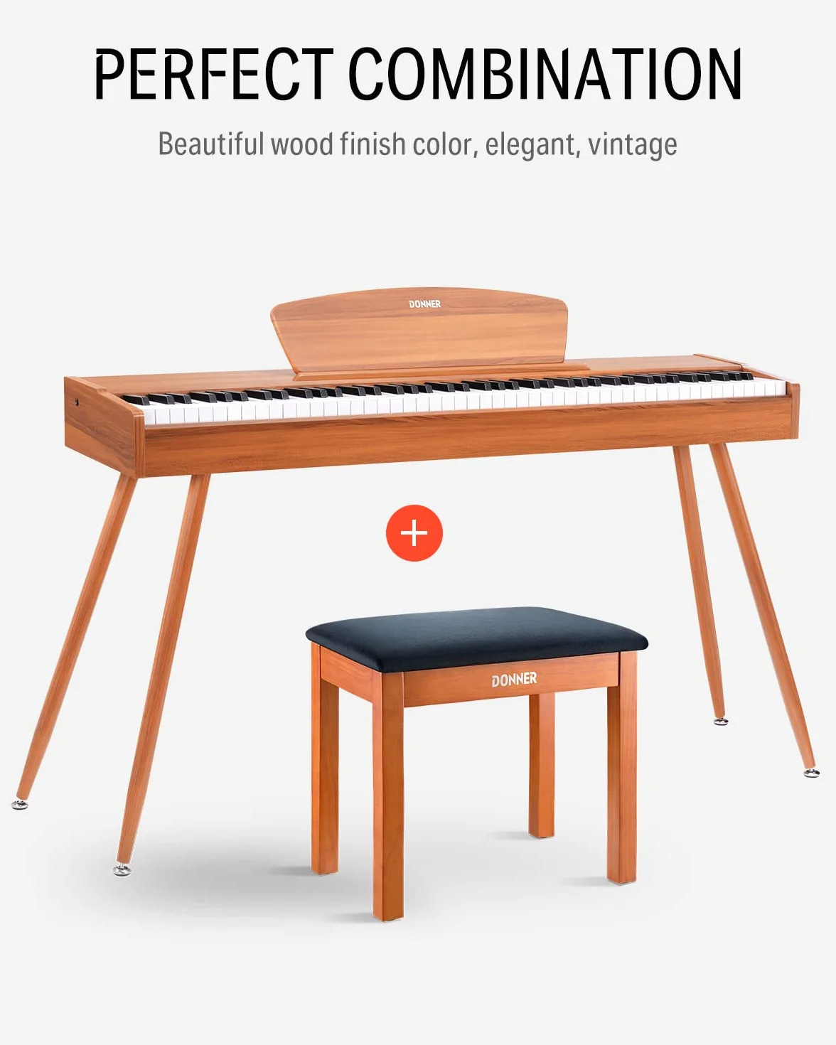 Donner Klavierbank mit Stauraum, Massivholz-Keyboardbank, Klavier-Bücherregal, Hocker, Stuhl, Sitz mit hochdichtem Wildlederkissen, Holz-Finish-Farbe