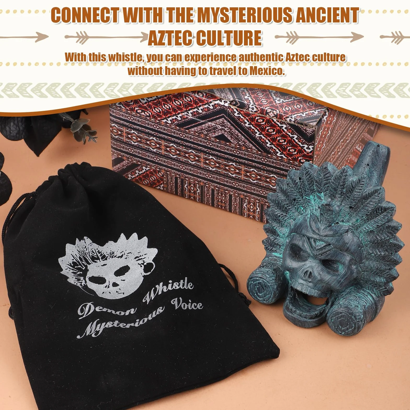 Schreiende Aztekische Todespfeife, 125 dB Bronzewaren-Design, Dämonenpfeife Authentische Menschlich Klingende Schreie Aztekische Kriegspfeife mit Kordelzugbeutel für Halloween Geschenk