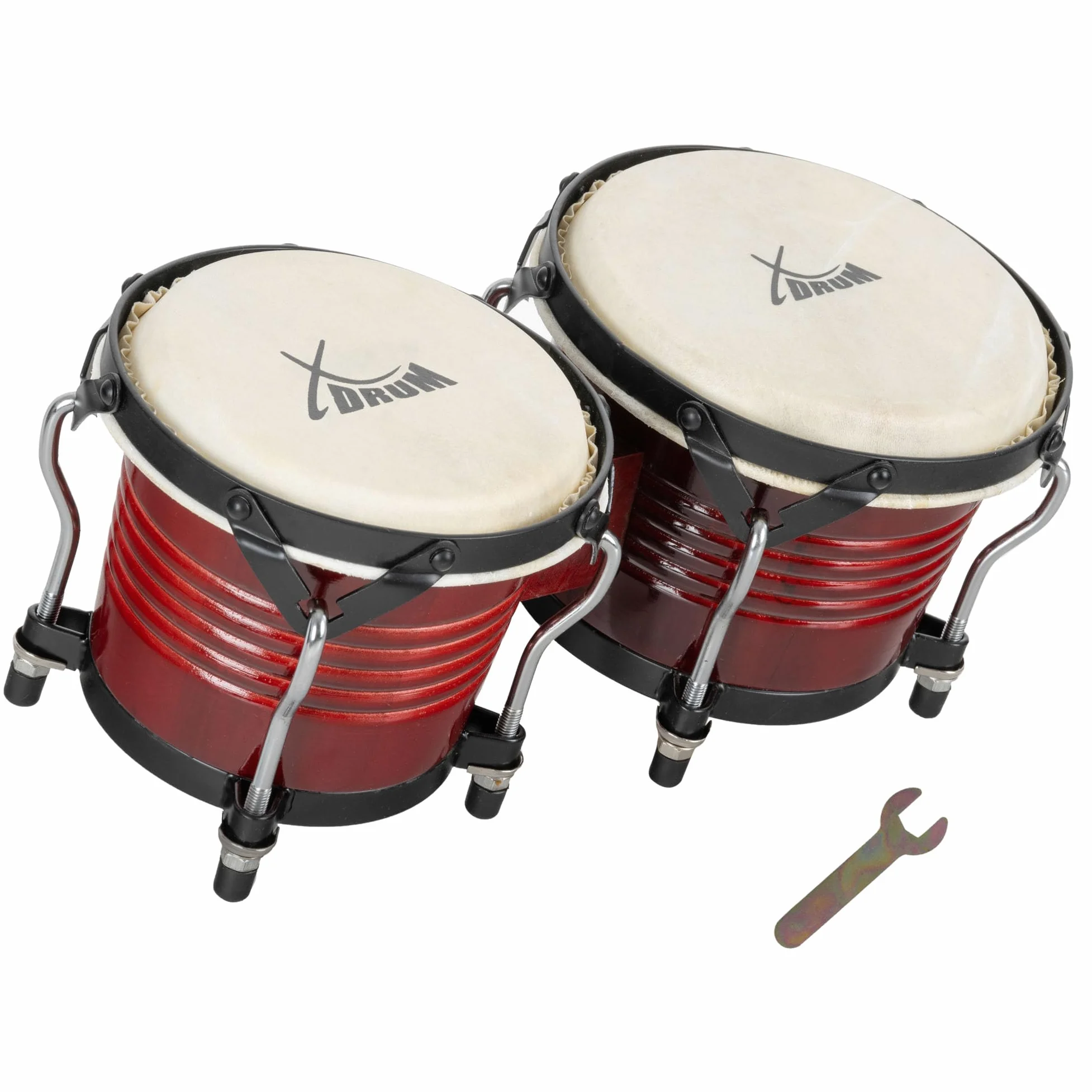 XDrum Bongos Pro Tobacco - 2 Trommeln mit 6,5" (17 cm) und 7,5" (20 cm) Durchmesser - Bongotrommeln mit stimmbaren Naturfellen, Stimmschlüssel und Ständer - Holztrommeln Braun