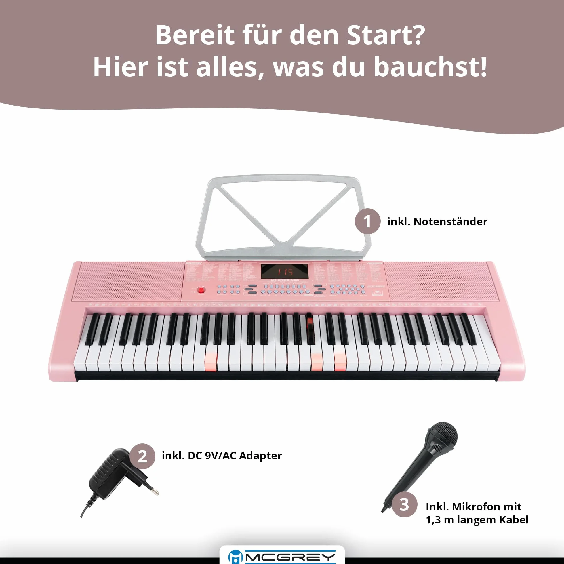 McGrey LK-6120-MIC Keyboard - Einsteiger-Keyboard mit 61 Leuchttasten - 255 Sounds und 255 Rhythmen - 50 Demo Songs - Inklusive Mikrofon - Pink