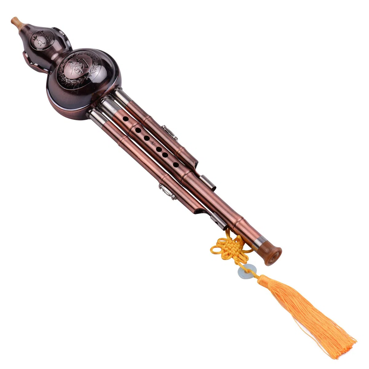 Hulusi-Kürbis-Flöte mit 3 Tönen, Aluminium mit verkupferten Rohren, traditionelles chinesisches Instrument mit chinesischem Knoten, Tragetasche für Anfänger, Musikalische Amateure