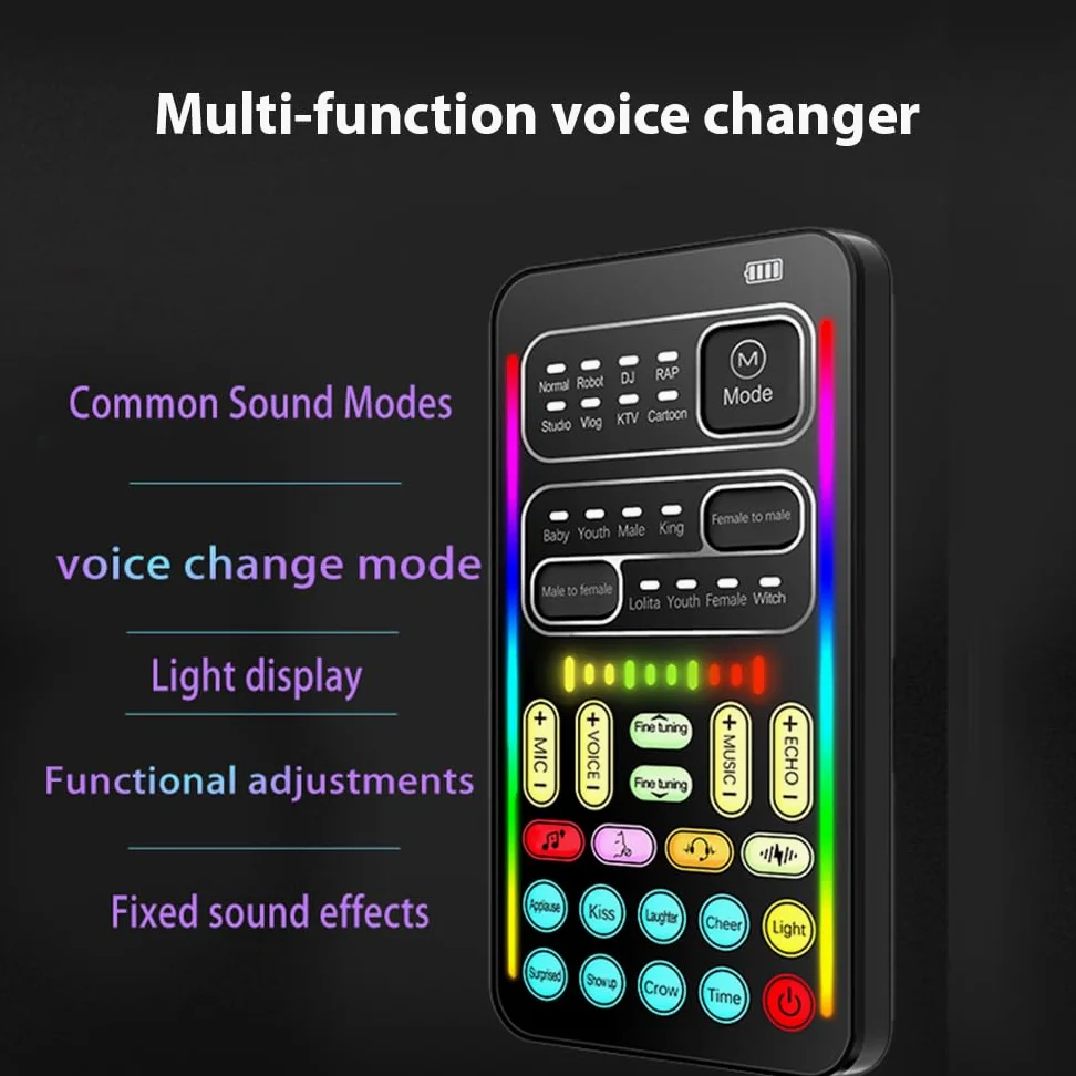 Soundeffektmaschine Stimmenverzerrer, tragbares Stimmenverzerrergerät mit 8 Soundeffekten, buntem Licht, Mini-Liveübertragung, Handmikrofon, Soundeffektmaschine für Telefon, Laptops, Computersp