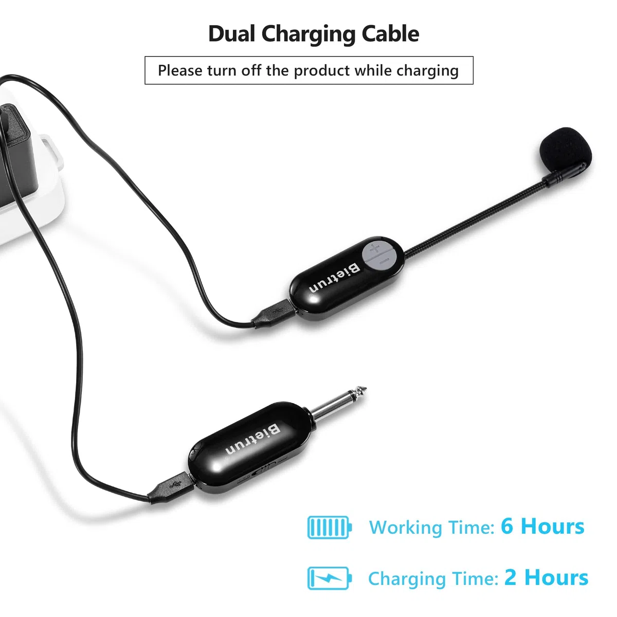 Bietrun UHF drahtlos Headset Mikrofon wiederaufladbar Funkmikrofon 50M Reichweite 6 Stdn. Laufzeit 6,35mm Klinke für Verstärker Karaoke Lautsprecher PA Anlage Unterricht Vortrag Fitness Lehrer Schwarz