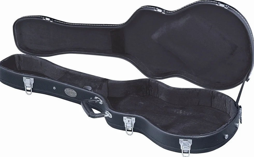 GEWA Gitarrenetui ES335 Semi Akustik Flat Top Economy - Holzkern - flacher Deckel - mattschwarzer Kunstlederbezug - verchromte Schlösser - Zubehörfach - innen schwarzer Samt - Kunststoff-Griff