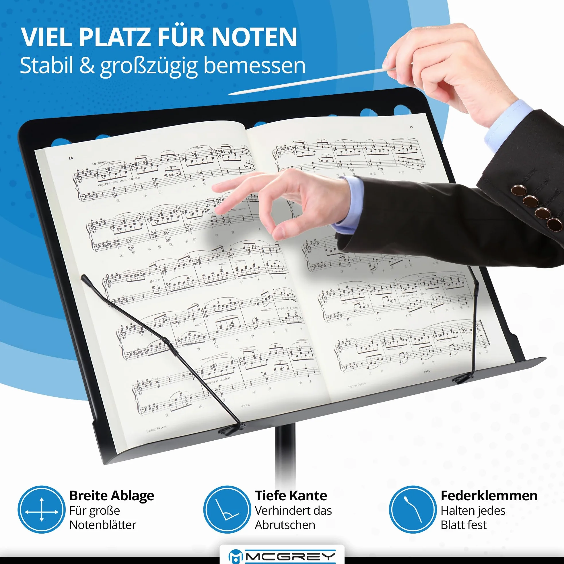McGrey 11940 Orchesterpult Lochblech Set - stufenlos verstellbar - mit Notenklemmen - inkl. Ablagebox - schwarz