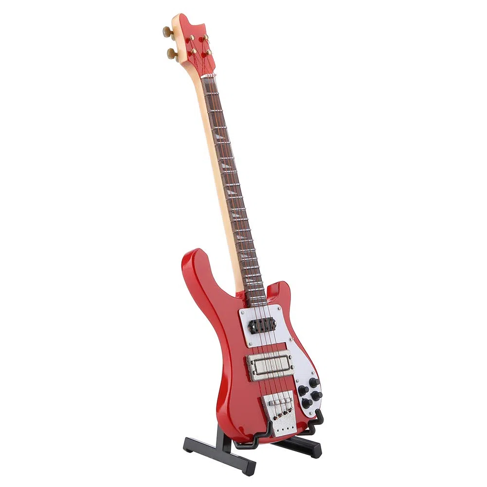 Rot E-Bass Modell Miniatur - Mini-Bass Sammlungsstück als dekorativer Musikinstrument-Ornament, für Musiker und Instrumentensammler