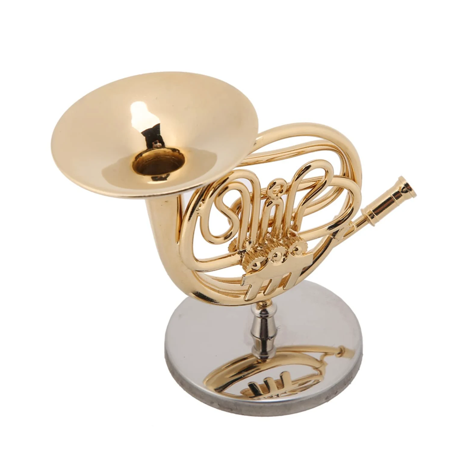 Generic Miniatur-Waldhorn-Ornament aus Goldenem Messing mit Ständer für die Dekoration von Musikzimmern, e für und Musiker