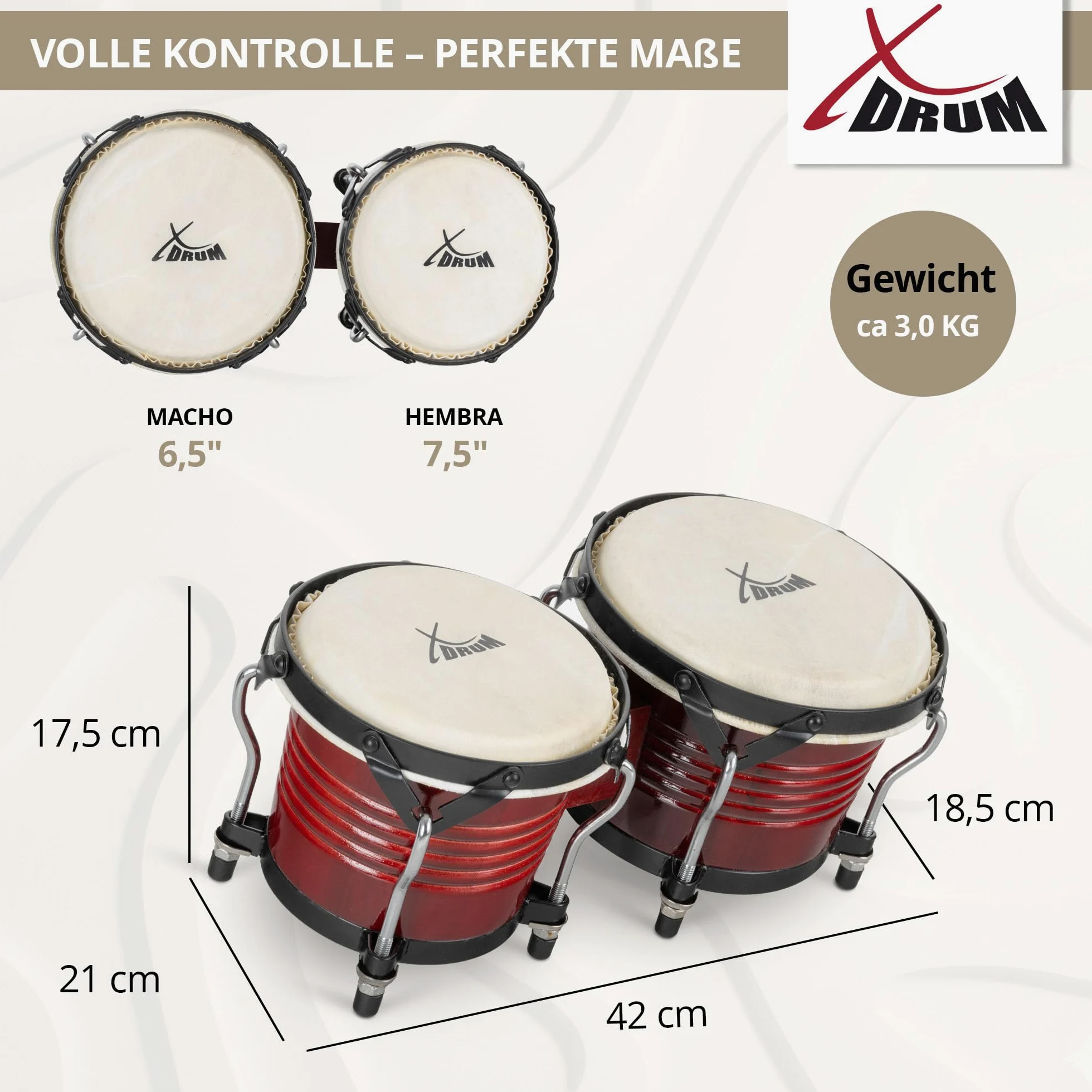 XDrum Bongos Pro Tobacco - 2 Trommeln mit 6,5" (17 cm) und 7,5" (20 cm) Durchmesser - Bongotrommeln mit stimmbaren Naturfellen, Stimmschlüssel und Ständer - Holztrommeln Braun