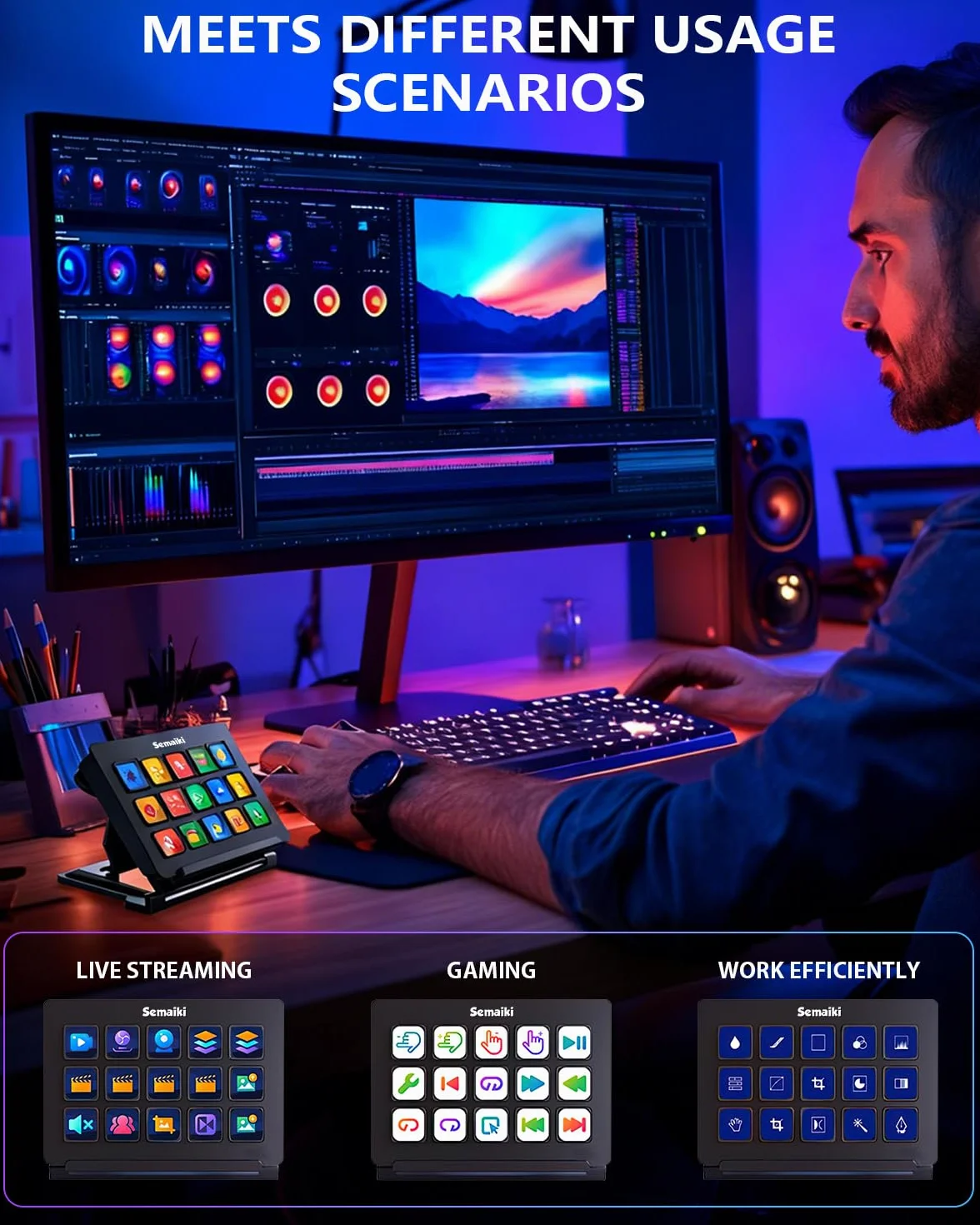Semaiki Stream Controller Makrotastatur mit 15 anpassbaren LCD-Makrotasten, löst Aktionen in Apps und Software wie OBS, Twitch, Streamlabs, Discord, Mac & Windows aus