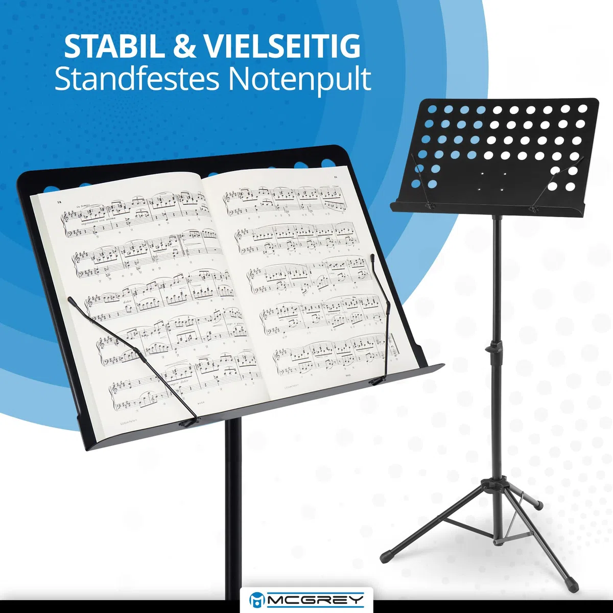 McGrey 11940 Orchesterpult Lochblech Set - stufenlos verstellbar - mit Notenklemmen - inkl. Ablagebox - schwarz